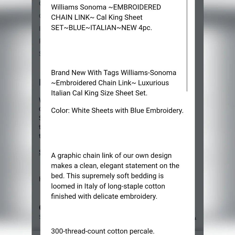 Williams Sonoma Chain Link White Embroidered Luxurius Italian King Sheet Set